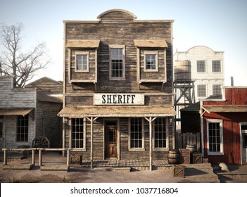 Rustic western town sheriff's office. 3d rendering. Part of a western town series