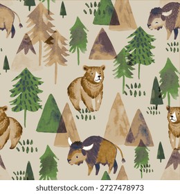 Rustic wilderness pattern with charming bears and bison among mountains and pine trees