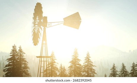 A rustic windmill gracefully rises amid tall evergreen trees, illuminated by the warm glow of the rising sun. Mist blankets the mountains, creating a serene and peaceful atmosphere.