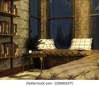 Rustic Wooden Cabin Interior At Night With Exterior View Of Snowy Landscape. Interior Design. 3D Illustration.