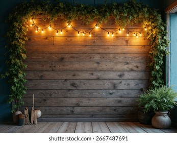Rustic wooden wall background with string lights and green vines, warm lighting, natural wood texture, cozy atmosphere, horizontal planks, aged wood finish, decorative lighting, botanical elements, so