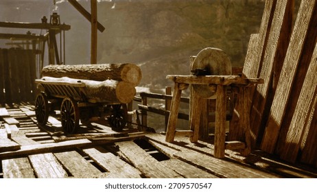 In a rustic workshop, sunlight filters through the wood, illuminating logs resting on a cart. Nearby, a traditional tool waits for use, evoking a sense of craftsmanship and history.