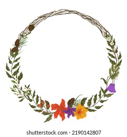 Rustic Wreath Illustration, Flower Arrangement Of Pinecone, Twigs, And Flower. Can Be Use For Invitation Illustration, Etc.