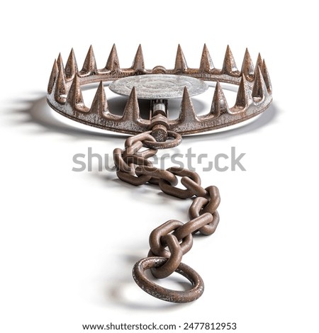 Rusty bear trap lying open sharp teeth showing  chain attached 3d