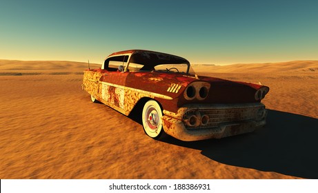 Rusty Car In The Desert.