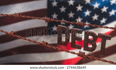 Rusty debt text wrapped in barbed wire against American flag background symbolizing national debt crisis government deficit economic burden and financial instability concept