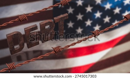 Rusty debt text wrapped in barbed wire against American flag background symbolizing national debt crisis government deficit economic burden and financial instability concept