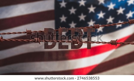 Rusty debt text wrapped in barbed wire against American flag background symbolizing national debt crisis government deficit economic burden and financial instability concept