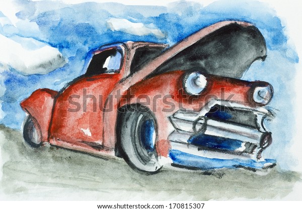 Rusty limousine on\
junkyard- auto garbage dump concept.  Watercolor handmade painted\
illustration