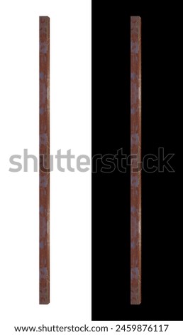 Rusty old metal vertical medium length beam - on isolated white and black background.