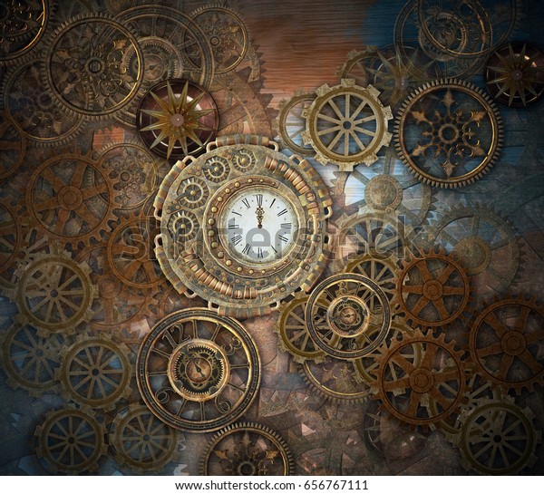 時計と各種の歯車のある錆びたスチームパンク背景 3dイラスト のイラスト素材 656767111