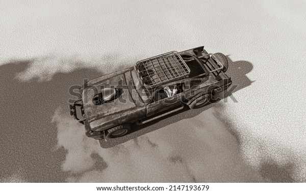 rusty vehicle on the desert after rain top\
cool view, 3d\
illustration