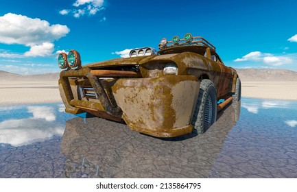 Rusty Vehicle Is Sinking In The Mud On The Desert After Rain Front View, 3d Illustration