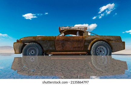 Rusty Vehicle Is Sinking In The Mud On The Desert After Rain Side View, 3d Illustration