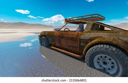 Rusty Vehicle Is Sinking In The Mud On The Desert After Rain, 3d Illustration