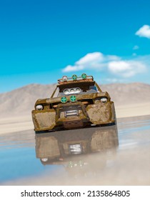 Rusty Vehicle Is Sinking In The Mud On The Desert After Rain With Blur Effect, 3d Illustration