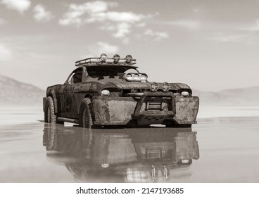 Rusty Vehicle Is Sinking In The Mud On The Desert After Rain With Blur Effect Cool View, 3d Illustration