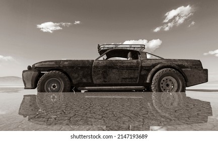 Rusty Vehicle Is Sinking In The Mud On The Desert After Rain Side View, 3d Illustration