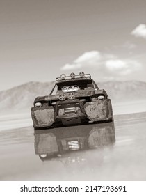 Rusty Vehicle Is Sinking In The Mud On The Desert After Rain With Blur Effect, 3d Illustration