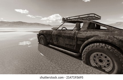 Rusty Vehicle Is Sinking In The Mud On The Desert After Rain, 3d Illustration