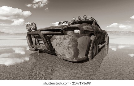 Rusty Vehicle Is Sinking In The Mud On The Desert After Rain Front View, 3d Illustration