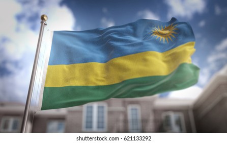 Rwanda Flag 3D Rendering On Blue Sky Building Background 