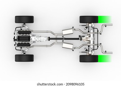 RWD Drivetrain. Rear Wheel Drive System. Drivetrain Systems. Top View. 3D Rendering