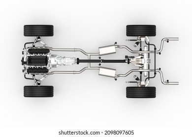 RWD Drivetrain. Rear Wheel Drive System. Drivetrain Systems. Top View. 3D Rendering