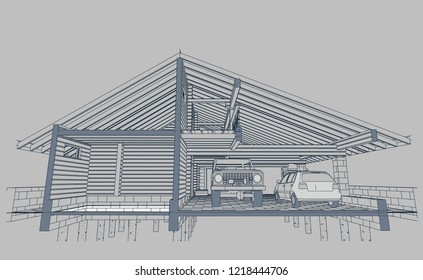 S Architectural Project Of The Wooden Building From Glued Beams, Rafters, Roofs, Garage And A Carport, 3d, Section Of The Facade, Blueprint. Illustration.