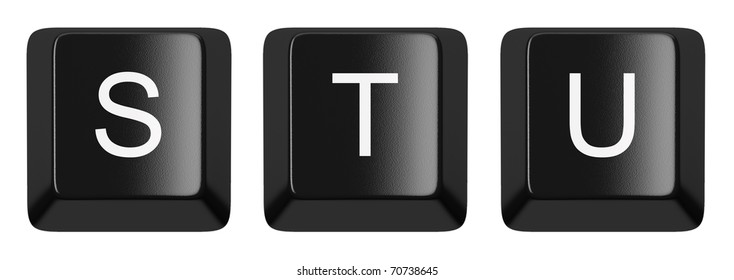 S, T, U black computer keys alphabet isolated on white