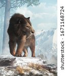 A saber tooth cat stands on a snowy hill and glances into the valley below.  Smilodon populator, the largest cat ever, lived during the Pleistocene era in South America. 3D Rendering
	
