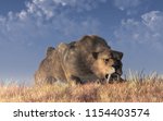 A saber-toothed cat stalks its prey in tall golden grass. The ferocious prehistoric predator crouches low and stares intently as it bears its teeth and prepares to pounce. 3D Rendering
