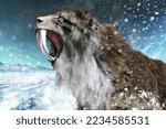 A saber-toothed saber-tiger with its fangs out is making a threat.3D illustration 3D rendering 