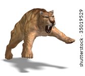 saber-toothed tiger. 3D render with clipping path and shadow over white