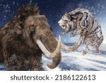 A saber-toothed tiger being stabbed by the tusks of a mammoth.3D illustration 3D rendering