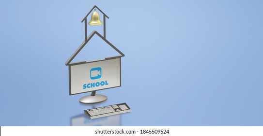 Sacramento, California / United States Of America - 11/2/2020 : 3D Render Of School Shaped Desk Top Computer With A Generic Virtual School Logo