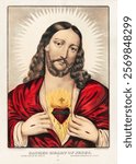 Sacred Heart of Jesus: Sacre Coeur de Jesus Sagrado Corazon de Jesus. Jesus Christ portrait. Vintage man art drawing illustration, religious Christian figure portrait old painting art print.