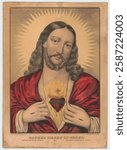 Sacred Heart of Jesus: Sacre Coeur de Jesus Sagrado Corazon de Jesus between 1835 and 1856 by N Currier. Vintage Christian artwork. Religious scene, Christianity illustration.