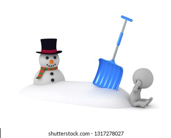 Sad 3D Character Sitting Down Next To A Snowbank And Snowman. Isolated On White Background.