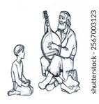 Sad adult senior age white elder male kobzar sit chord arm solo tune note. East retro guy street travel bard ethnic kobza pray god hand drawn fun hobby teen girl student worship class day style symbol