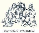 Sad adult senior age white elder human kobzar sit arm strum chord solo tune note hand drawn art style. East guy bard ethnic hobby kobza tool pray god ballad fun event kid girl child boy friend crowd