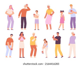 Sad Adults, Elders And Kids With Pain In Neck, Stomach And Headache. Cartoon People With Hurting Back, Wrist, Throat And Chest  Set. Ache In Different Body Parts, Urgent Medicine