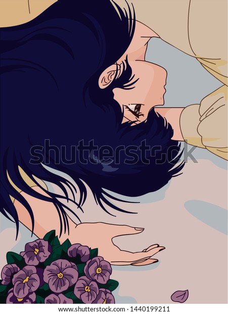 花を持つ悲しいアニメの女の子 のイラスト素材
