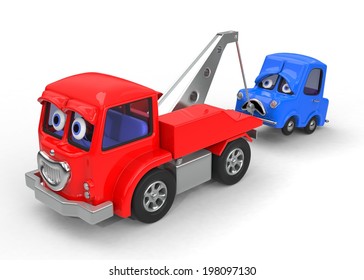 Sad, Broken Down Car Being Towed 3D Illustration