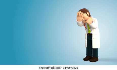 Sad Cartoon 3d Doctor With A Stethoscope Doing A Facepalm On A Blue Gradient Background 3d Rendering