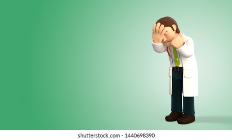 Sad Cartoon 3d Doctor With A Stethoscope Doing A Facepalm On A Green Gradient Background 3d Rendering