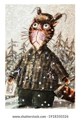 sad cat in a hat with earflaps, a robe and with an ax, winter around, illustration, watercolor