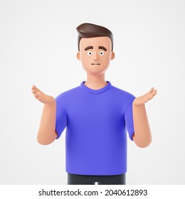 Sad confused cartoon character man in purple t-shirt isolated over white background. 3d render illustration.
