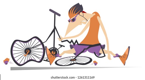 Sad Cyclist And Broken Bike Illustration. Cyclist Sitting Near A Broken Bicycle Isolated On White Illustration 
