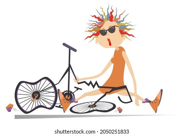 Sad Cyclist Woman And Broken Bike Illustration. 
Cartoon Cyclist Woman In Sunglasses Sitting Near A Broken Bicycle Isolated On White
